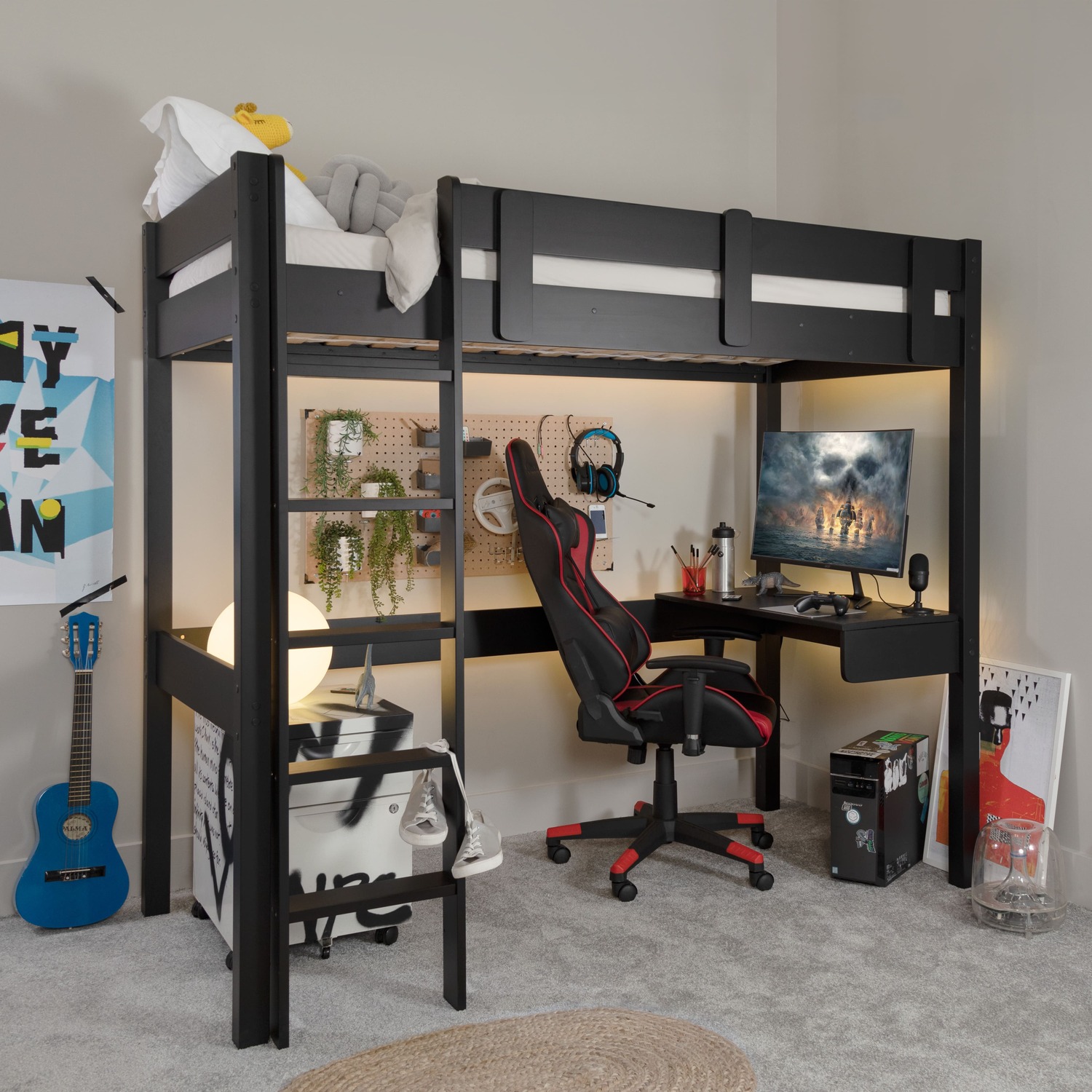 Gaming Station High Sleeper Kids Solid Wood Bed In Black Storm - Black