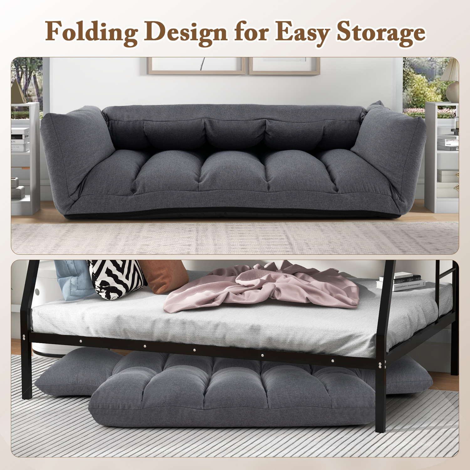 Foldable Floor Sofa Upholstered Recliner Chair - Grey
