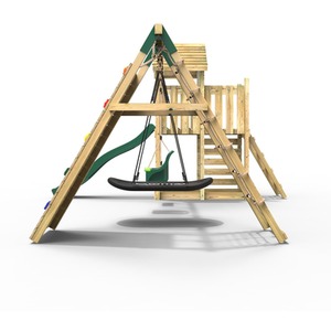 Wooden Climbing Frame with Triple Swing, Up and Over Climbing Wall and Slide