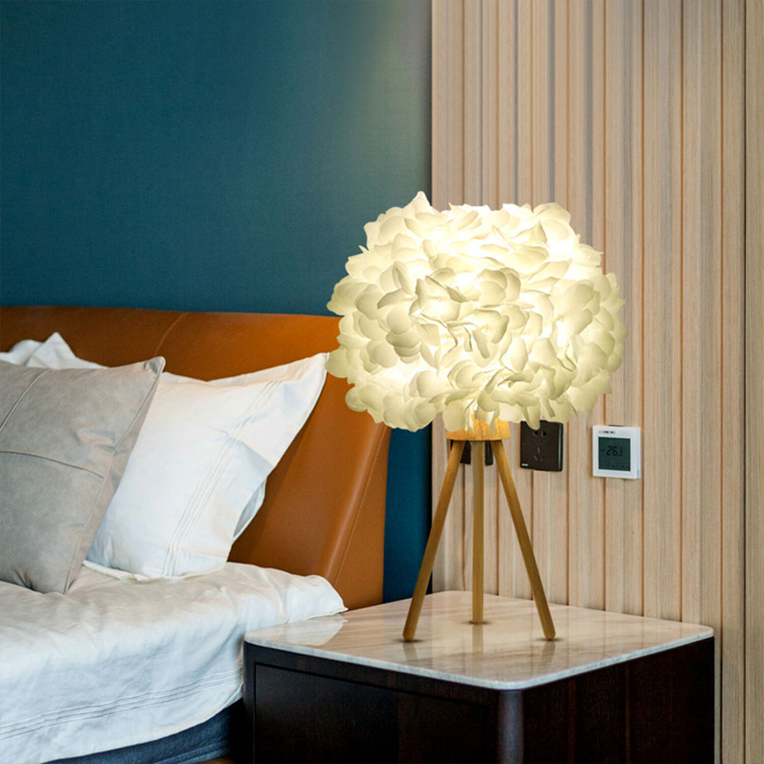 Image of E27 Fabric Lampshade Wooden Tripod Table&hellip;