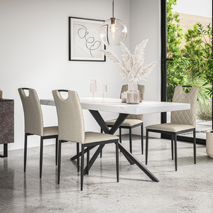 Donni Dining Table and Chairs - Marble Effect Table w 4-6 Monza Linen Chair