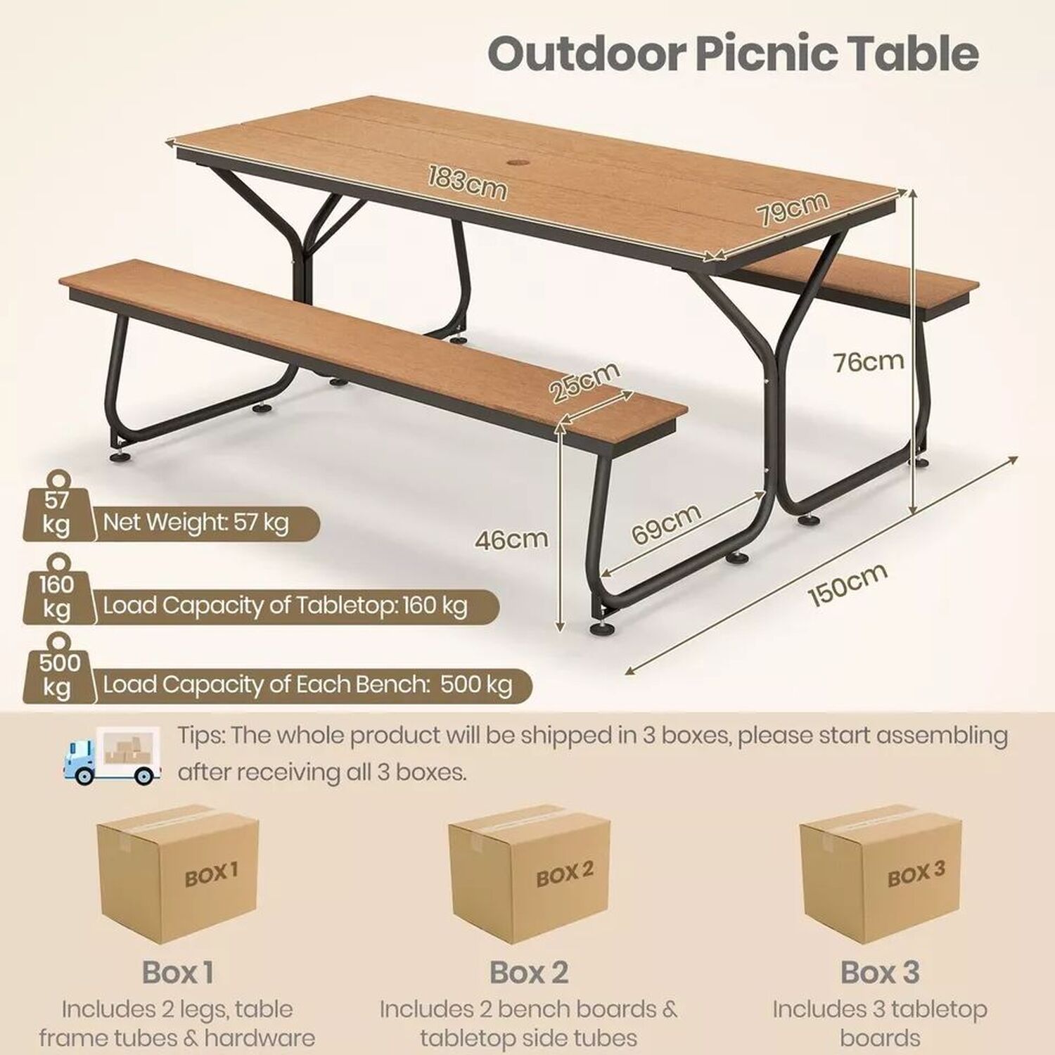 8 Seater Picnic Table And Bench Garden Set - Natural