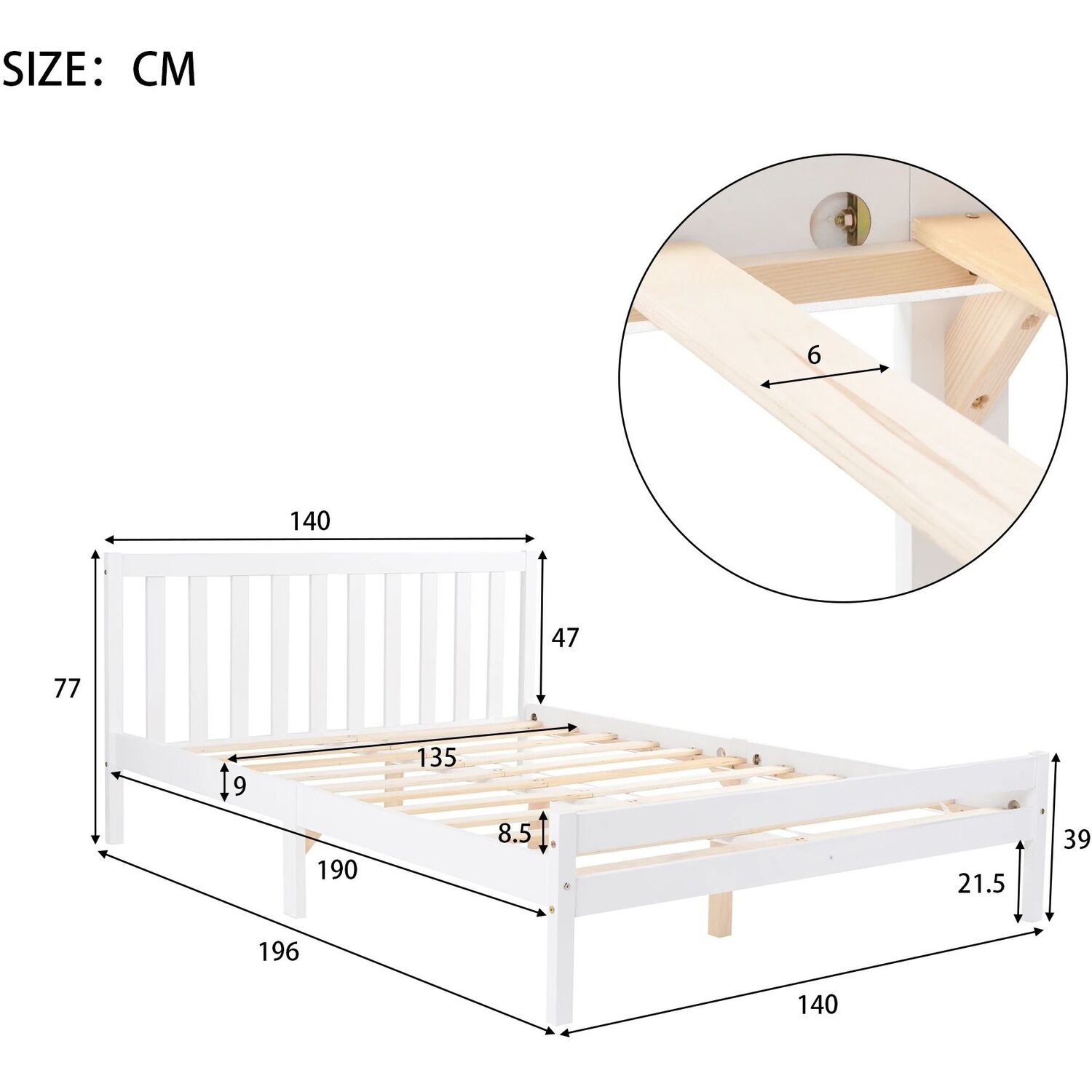 Double Wooden Bed Frame For Bedroom - White