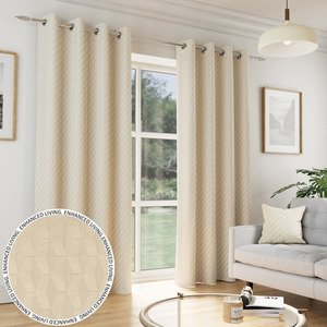 Pair of Tokyo Cream Velvet Embossed Eyelet Thermal Room Darkening Curtains