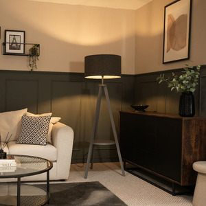 Morrigan Wood Tripod Floor Lamp with Charcoal Boucle Shade and Bulb