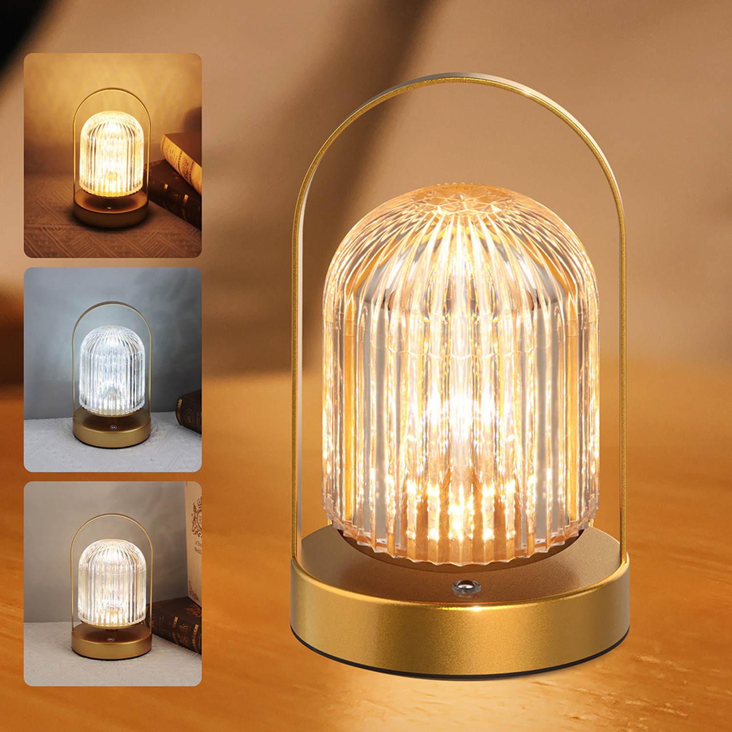 Rechargeable Crystal Bell LED Table Lamp, 3-Colour Dimmable - Gold