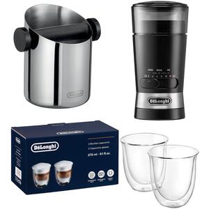 De'Longhi Knock Box Grinder Cappuccino and Glasses