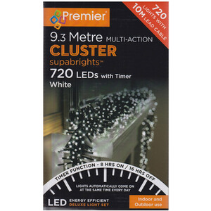 720 Premier White LED Multi Action Christmas Cluster Timer Lights 9.3M