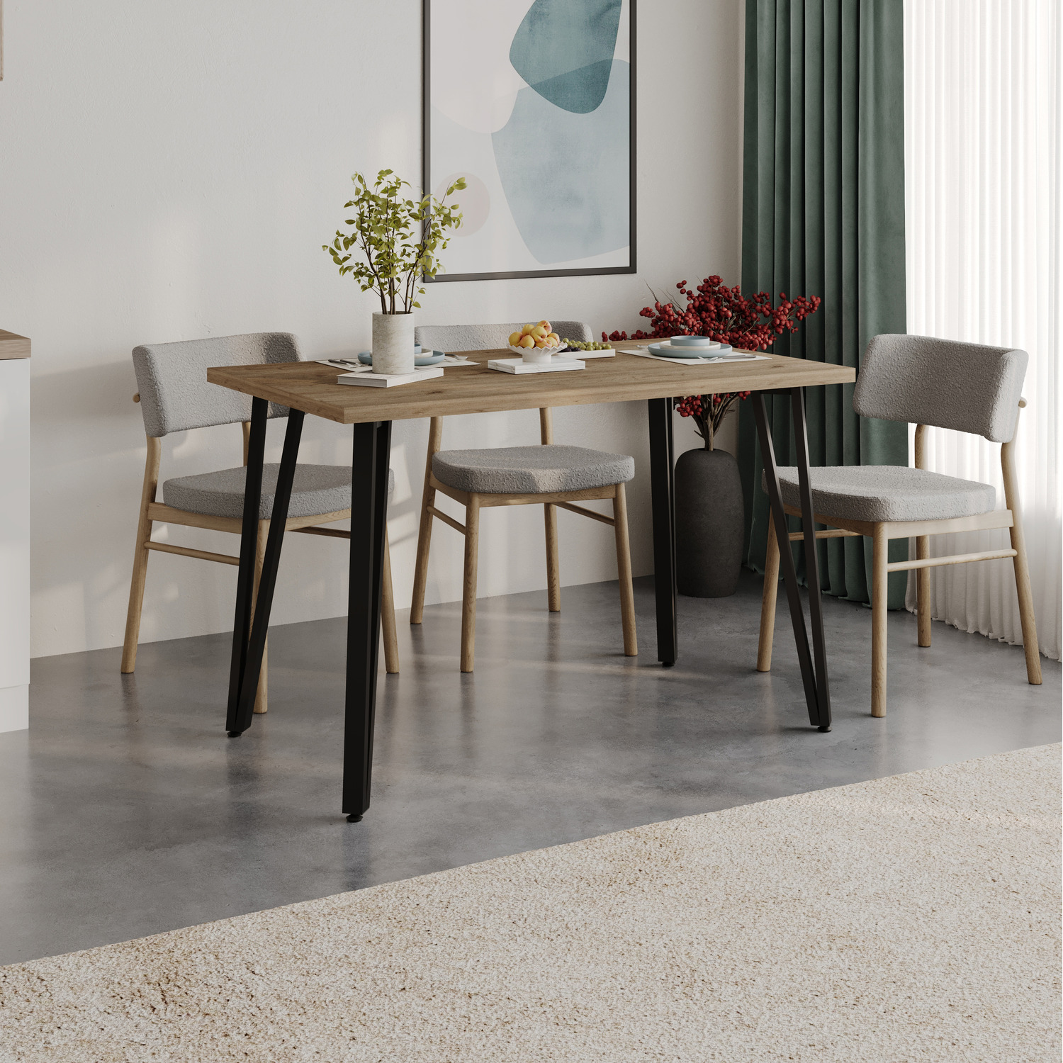 Decortie Rectangular Dining Table - Natural Oak - Seats 4 - Black Legs - Image 2