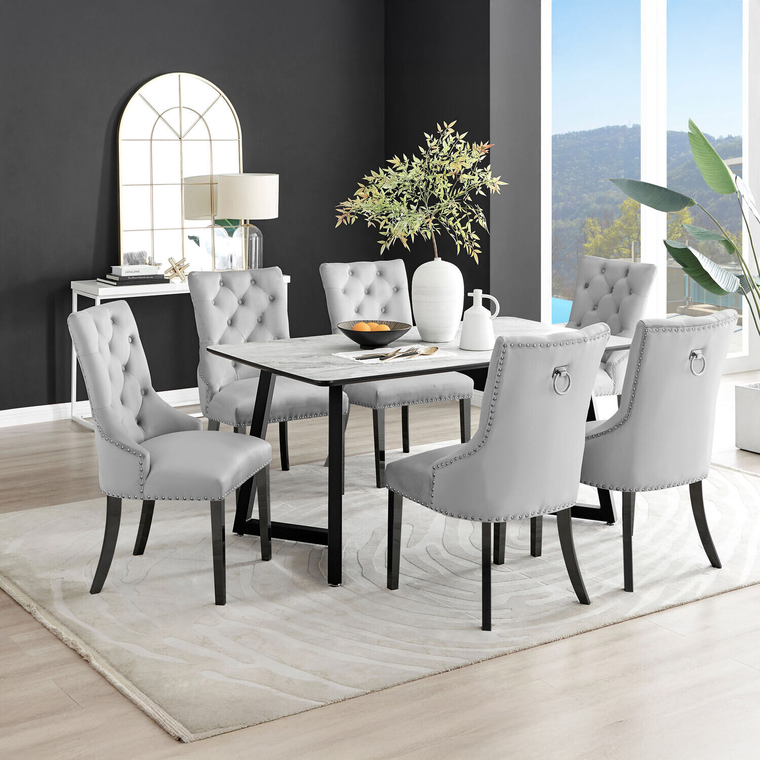 Furnitureboxuk Carson White Marble Effect Dining Table And 6 Belgravia Black Leg Chairs - Grey