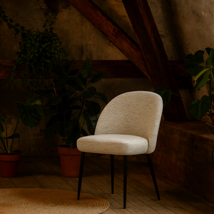 Montsoreau Upholstered Dining Chair - Curved White Fabric, Black Metal Legs