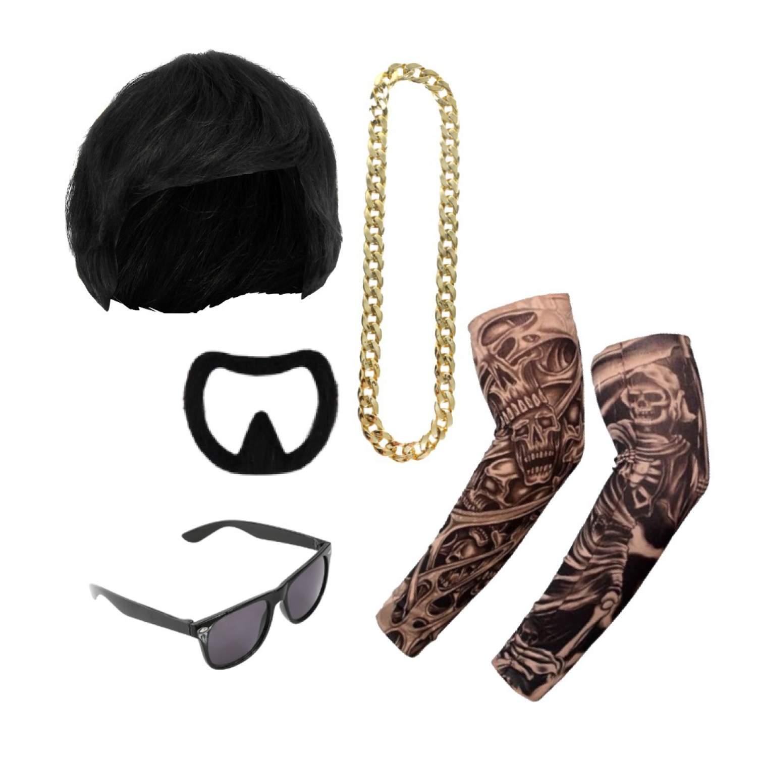 Ibiza Final Boss Costume Wig, Chain, Black Sunglasses, Goatee & Tattoo Sleeves