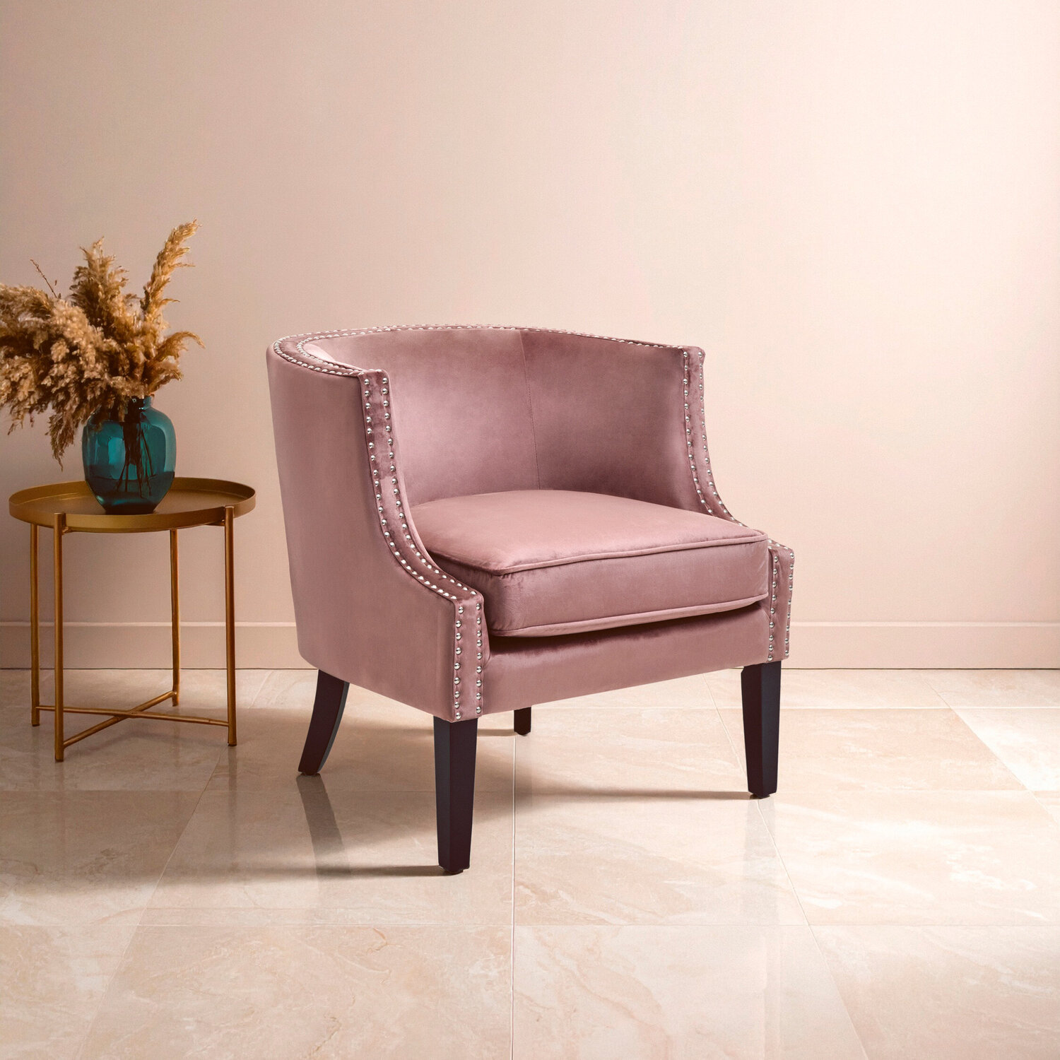 Larissa Pink Velvet Studded Chair - Pink