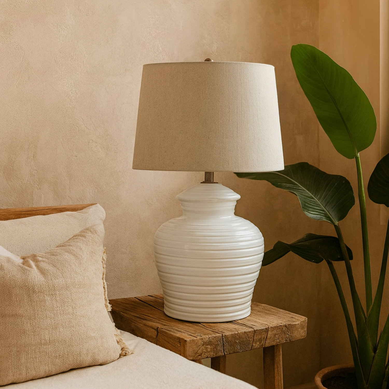 Wyld Haus Belcastel Swirl Ribbed Ceramic Lamp With Linen Shade - White