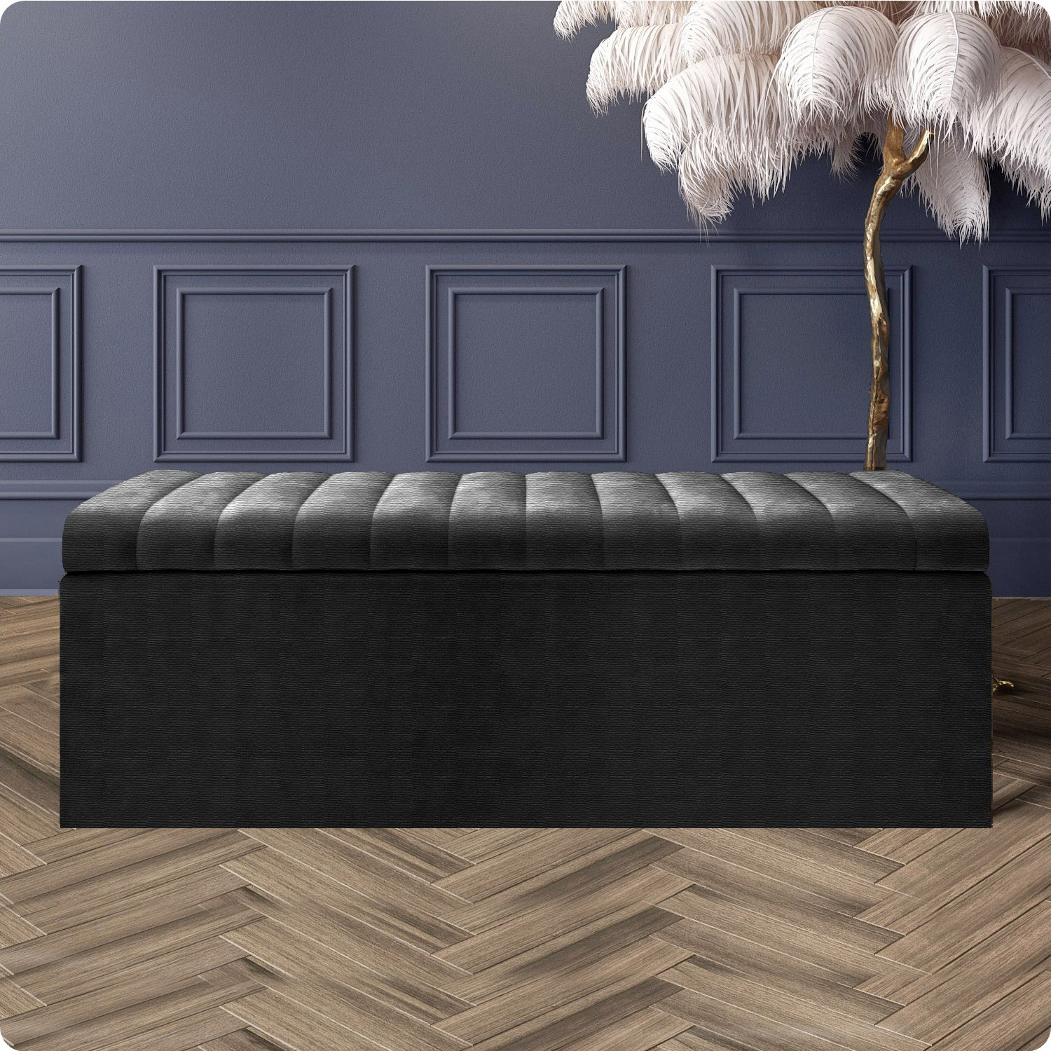 R&M Furnishers Safar Naples Ottoman Storage Box, Charcoal Striped Upholstered Blanket Chest & End Of Bed Bench - Black Naples