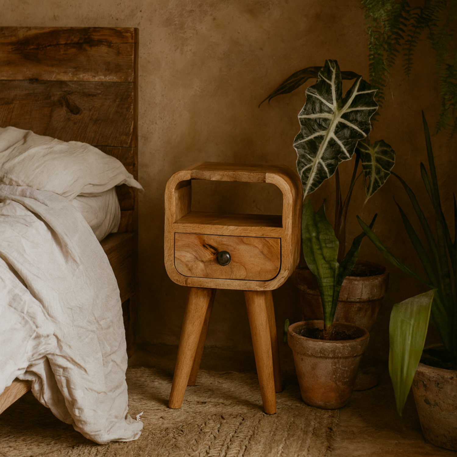 Cagliari Small Mango Wood Bedside Table with Drawer and Shelf - Brown