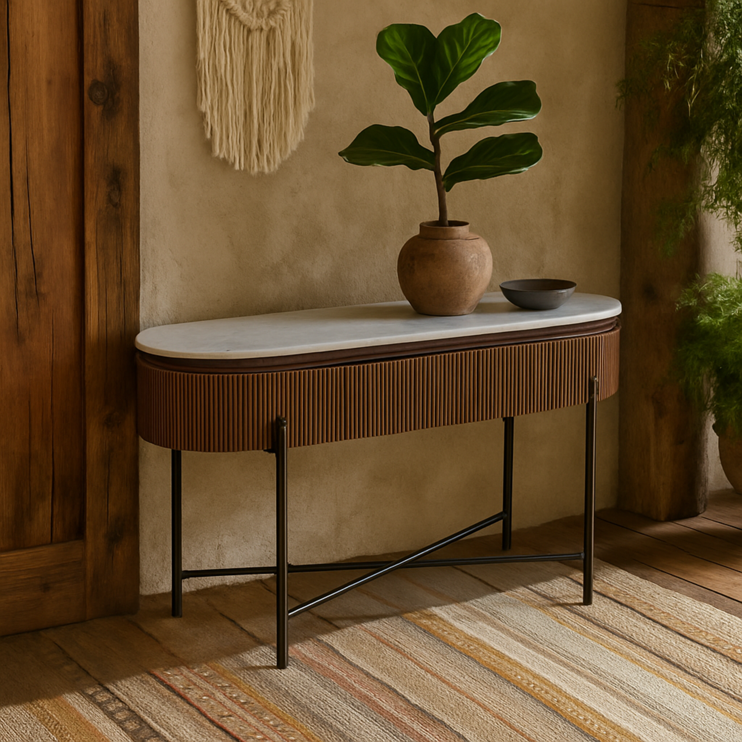 Alabama Ribbed Mango Wood Console Table with Marble Top and Metal Legs - Brown