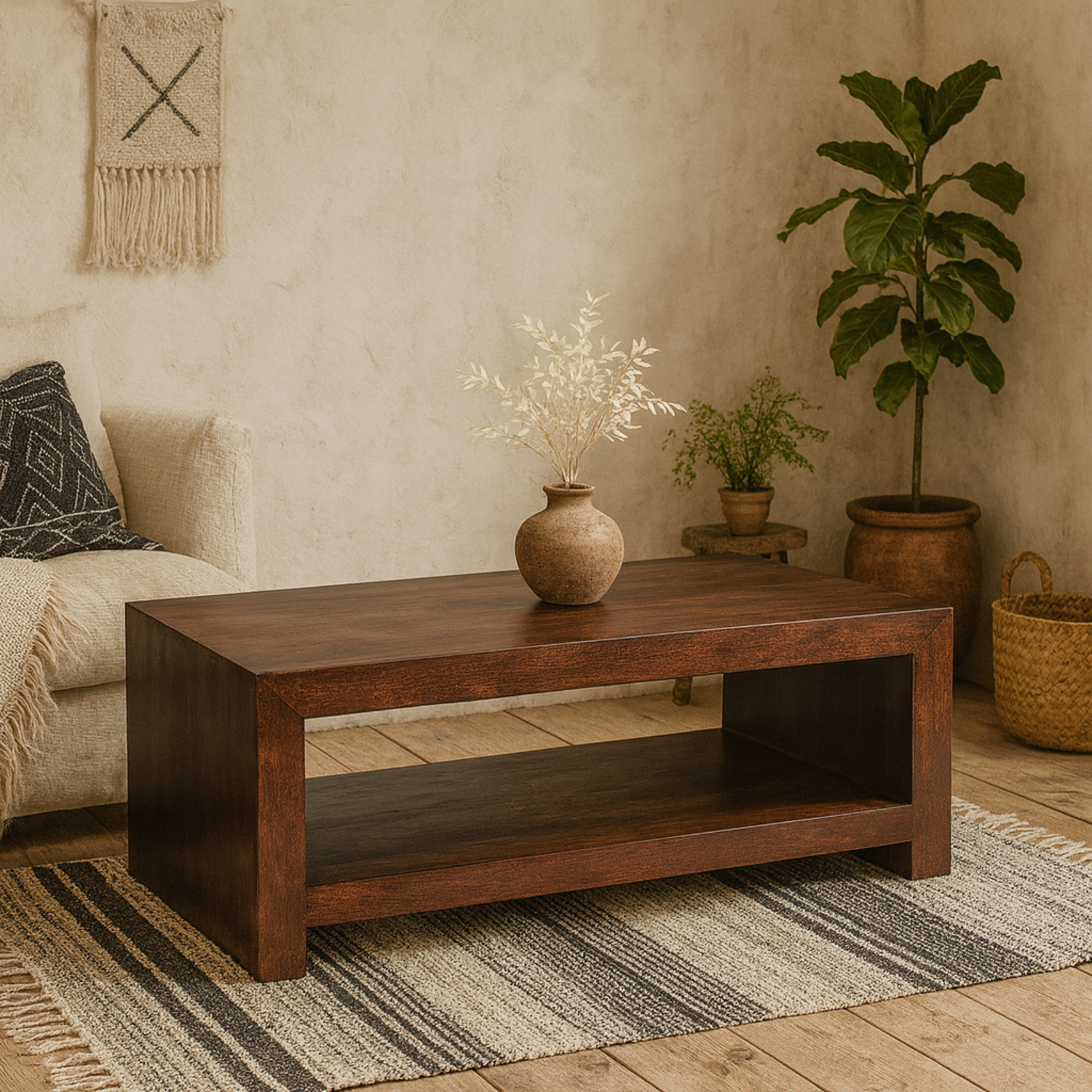 Phuket Dark Mango Wood Rectangular Coffee Table with Lower Shelf - Brown