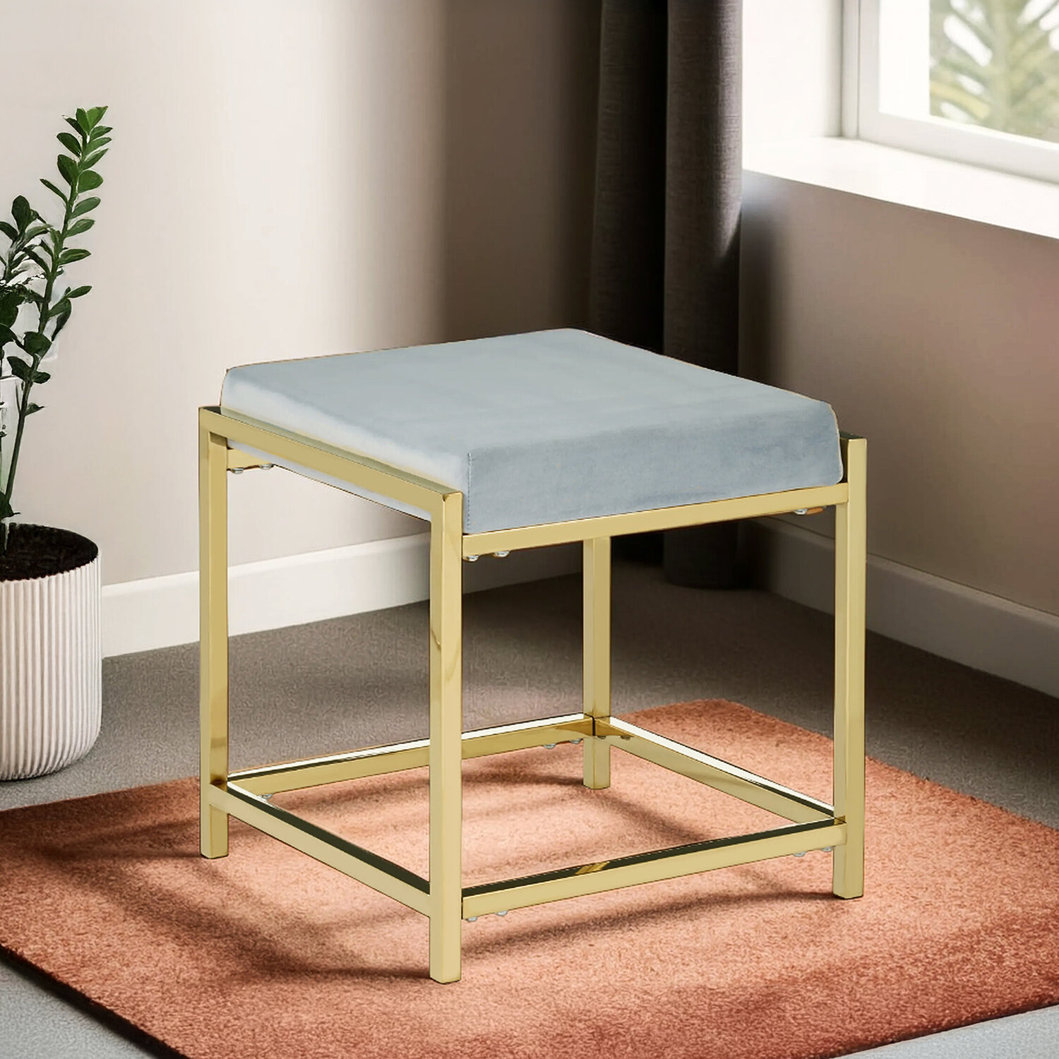 Allure Powder Blue Velvet And Gold Stool - Blue