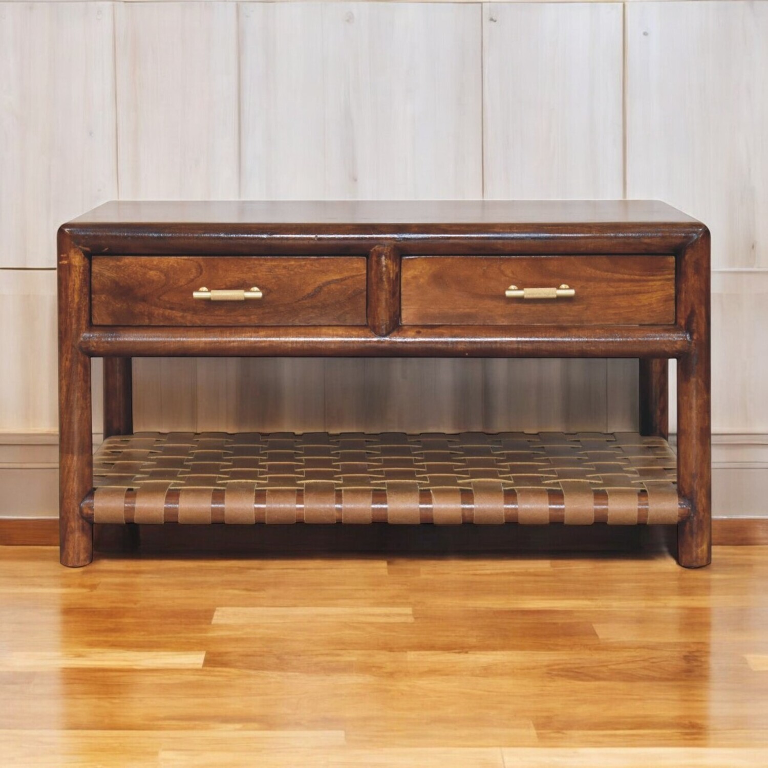 Solid Wood Regency Woven Console Table with 4 drawers - Brown