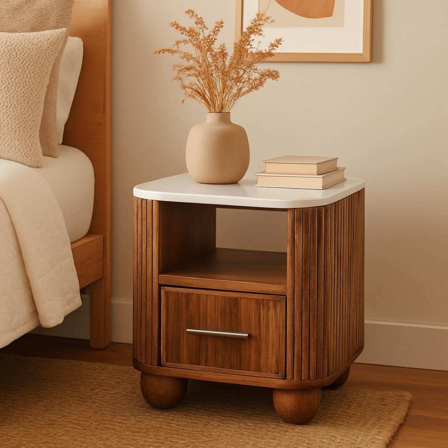 Solid Wood Beaumont Marble Bedside - Brown