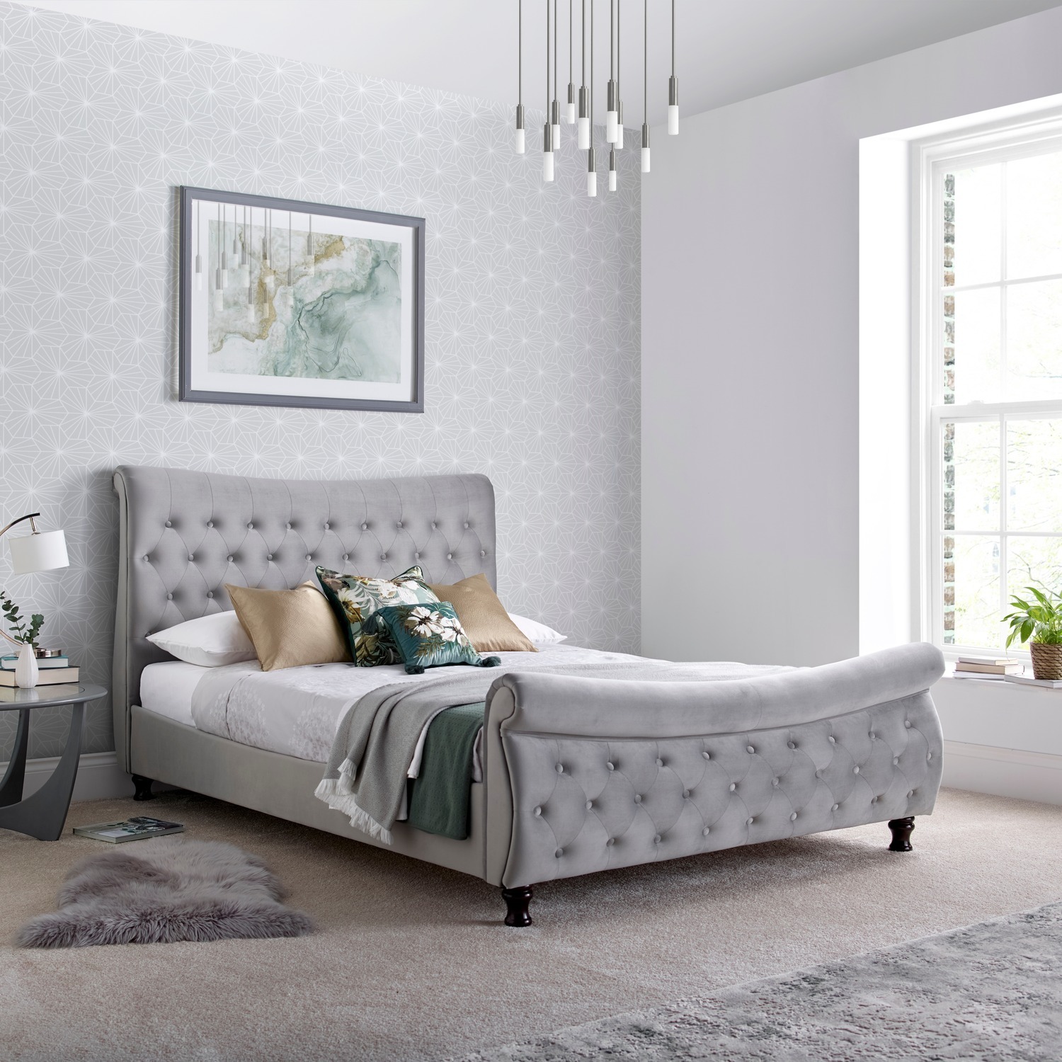 Oxford Grey Velvet Chesterfield Sleigh Bed - Grey King