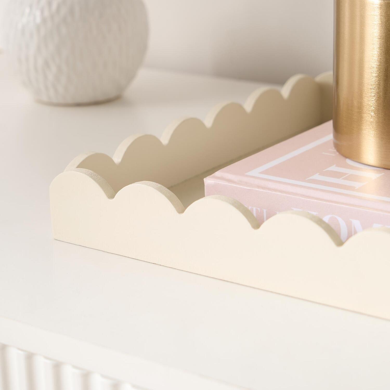 OHS Scallop Edge Storage Tray Engineered Wood Decorative Organiser in Cream
