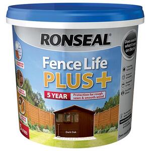 Ronseal Fence Life Plus+ Dark Oak 5 Litre - 5 Year Protection for Sheds & Fences