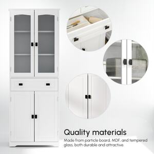 Cotase 160cm White Tall Kitchen Cupboard with Adjustable Shelves, Drawer and Glass Door