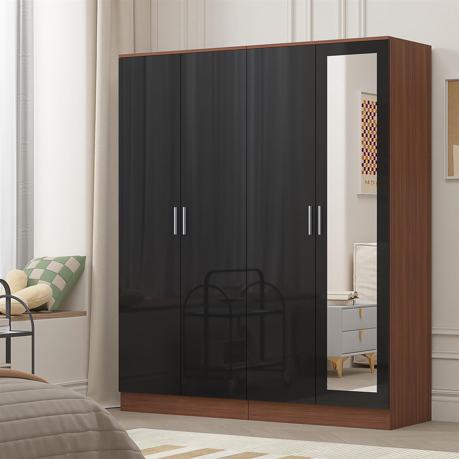 Reflect Black Gloss Wardrobe Bundle - Mirror + 2 Door Plain - Black / Walnut - Black Gloss / Matt Walnut