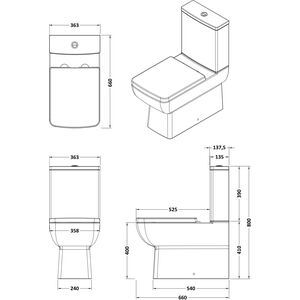 Grindon Contemporary Square Rimless Toilet Pan and Cistern - 800 x 363 x 660mm