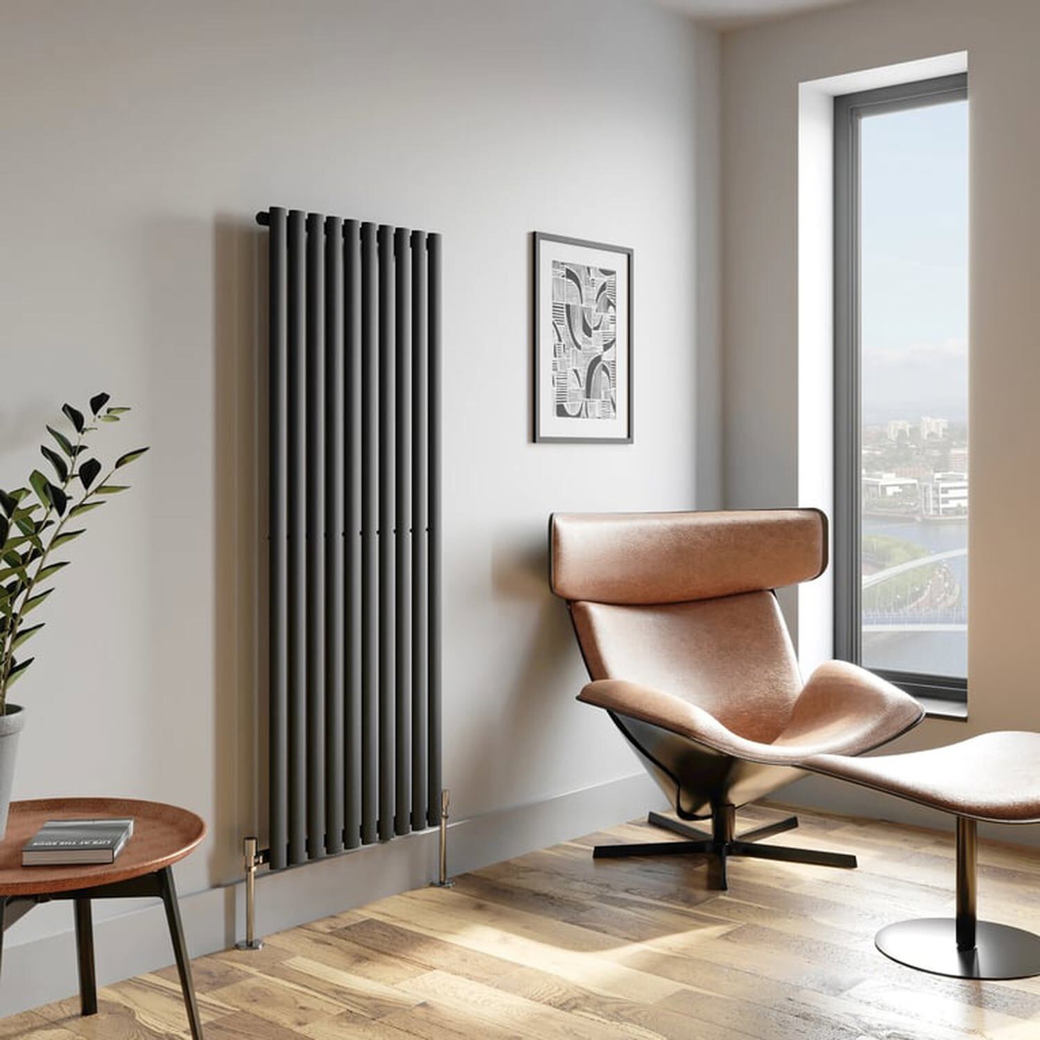 Temprazo Vertical Oval Tube Double Panel Designer Radiator - 1600 X 360Mm Anthracite - Grey / 600Mm / 1600Mm / 55Mm