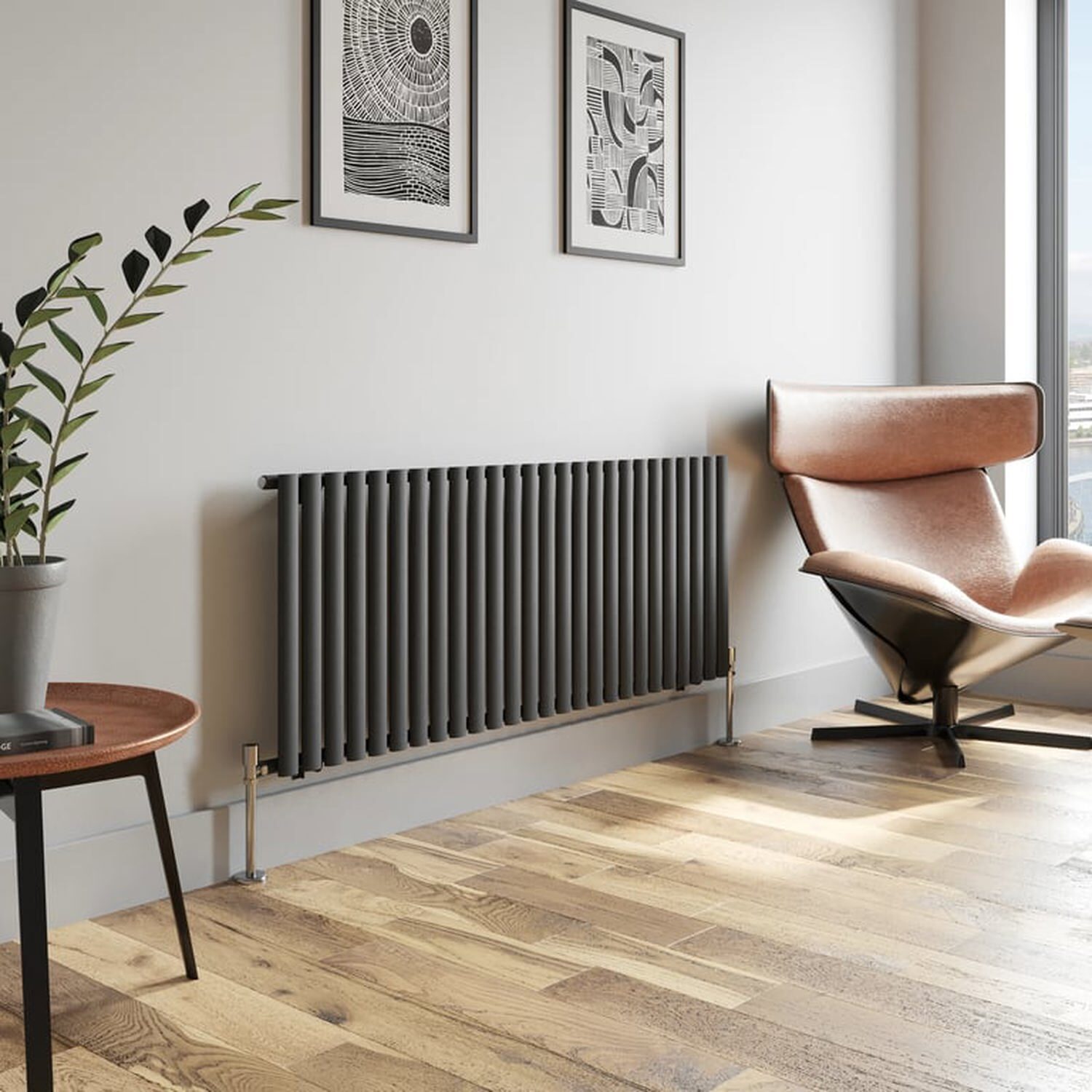 Temprazo Horizontal Oval Tube Double Panel Designer Radiator - 600 X 1440Mm Anthracite - Grey / 600Mm / 1560Mm / 55Mm