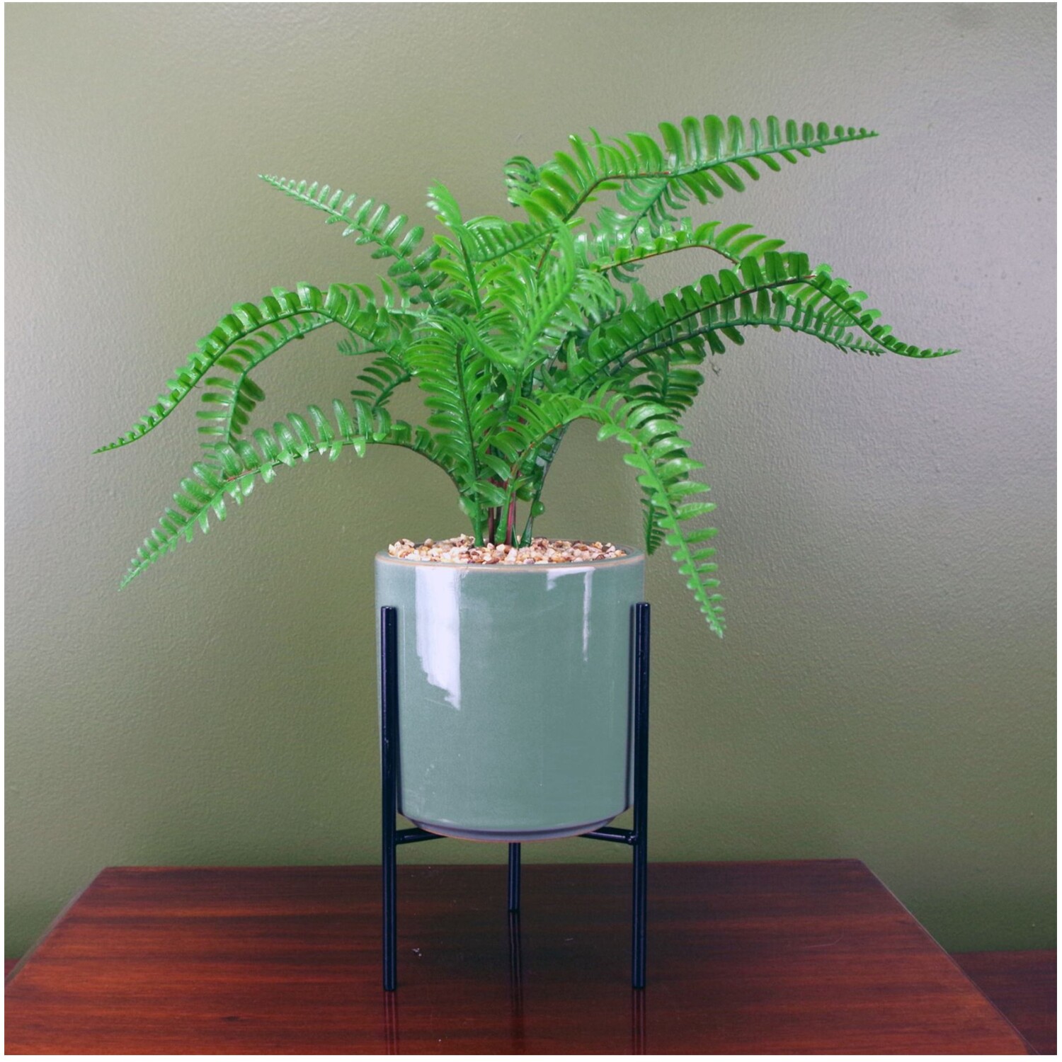 Artificial Fern Plant With Ceramic Planter And Stand - Green