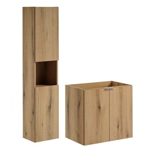 Oak Bathroom Furniture Set Wall Hung Floating Cabinets 600mm Vanity and Tall Storage Shelving - Nova