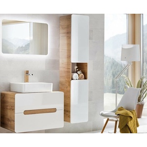 Aruba Wall-Hung 800mm vanity unit, countertop sink and tall cabinet in white gloss and oak effect