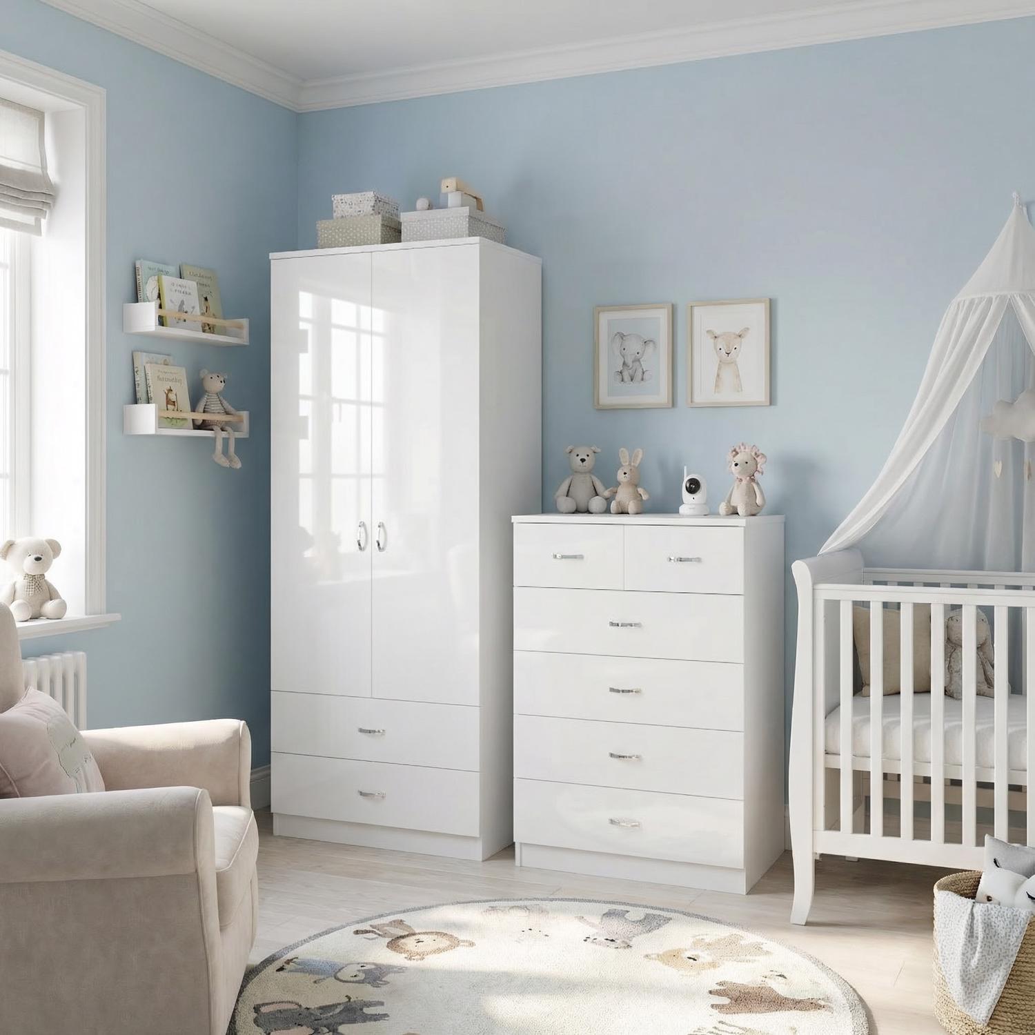 Fwstyle Unisex White Chilton 2 Piece Gloss Complete Nursery Bedroom Furniture Set - Image 6