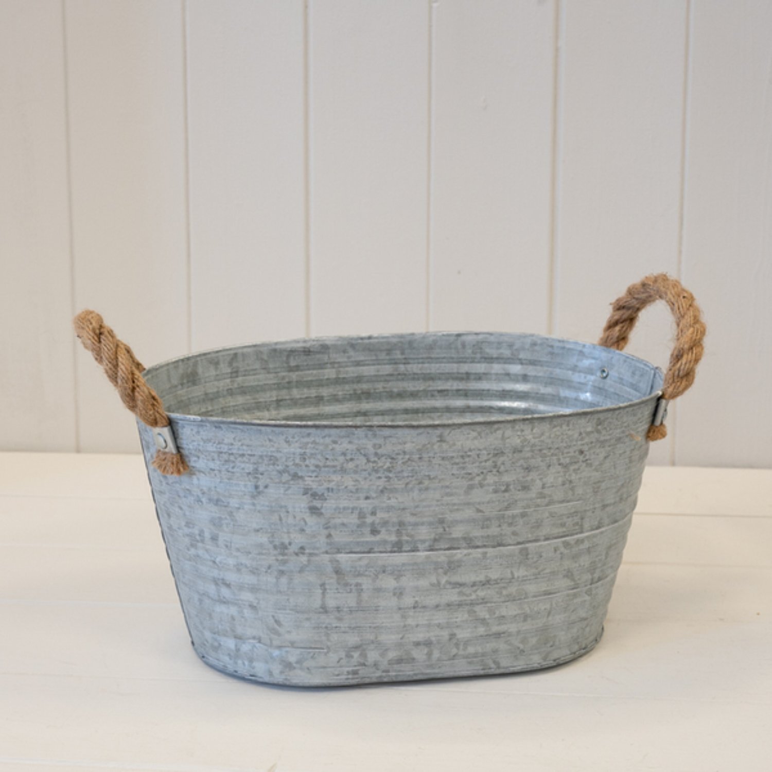 Grey Aged Zinc Trough with Rope Handles and Draiange Hole - Grey