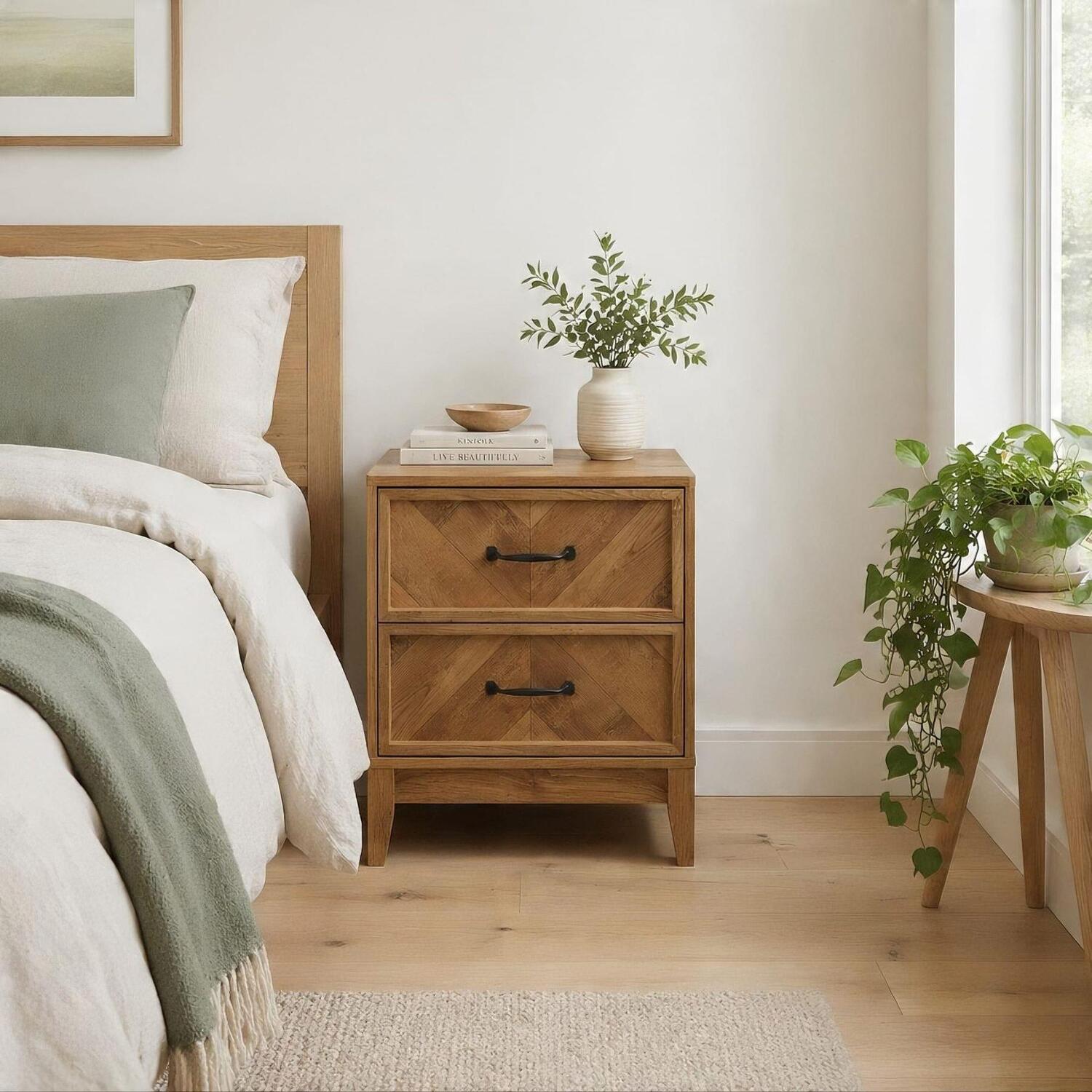 Home Source Harrington 2 Drawer Bedside - Medium Oak Effect