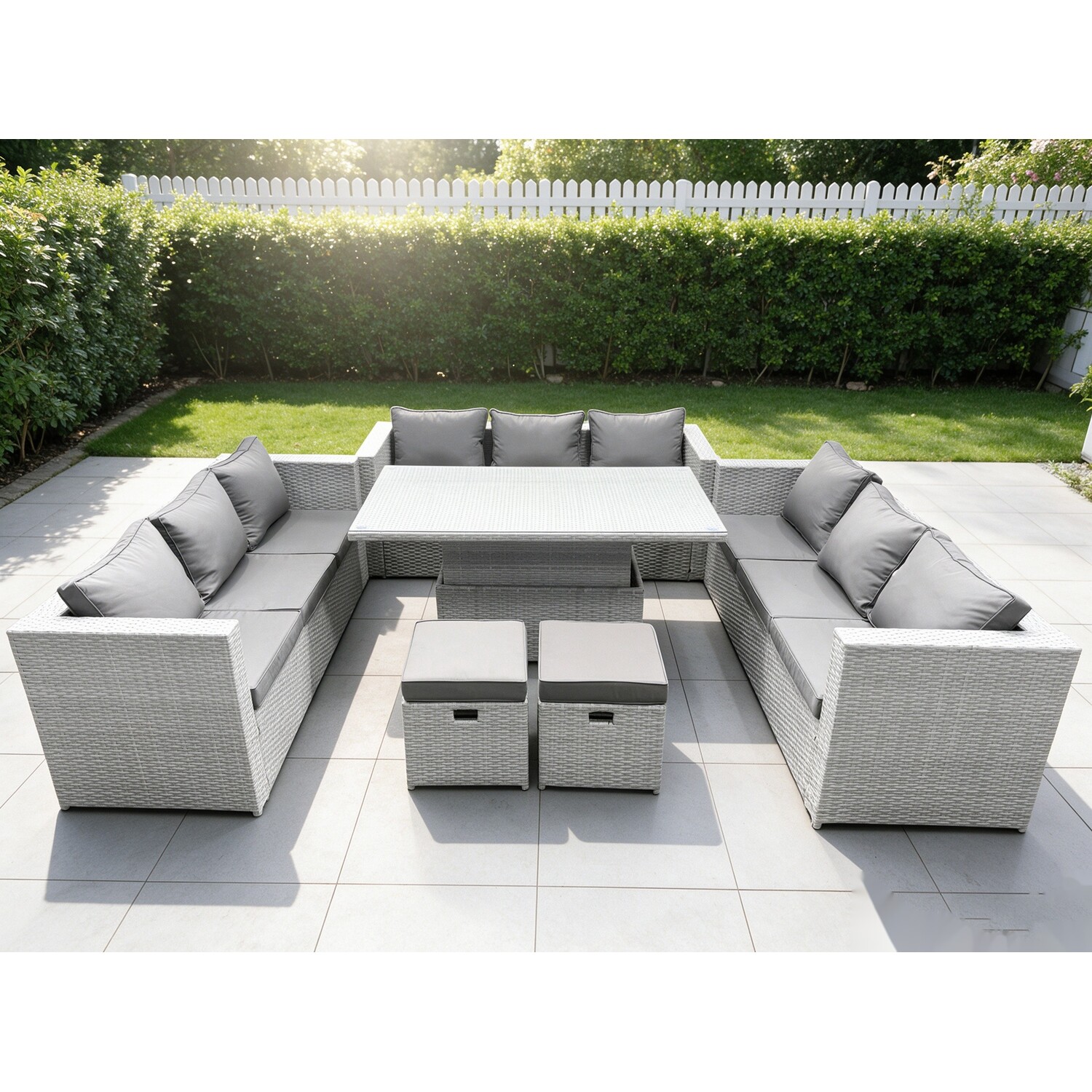 Rackhams Light/Grey U Shape Lounge Rattan Garden Furniture Set Adjustable Rising Lifting Table Dining Set 2 Stools - Image 2