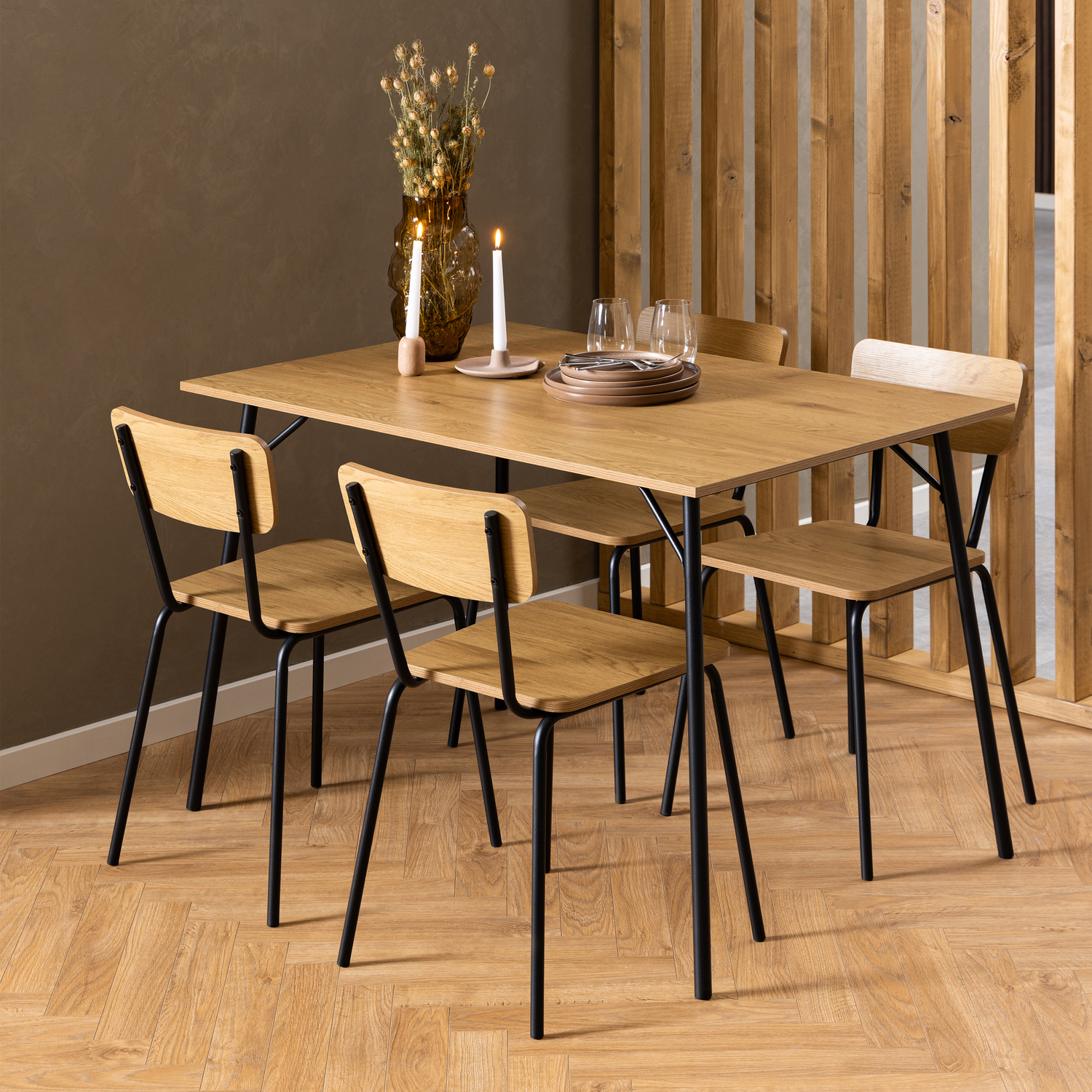 B&Q - Peru Dining Table In Black And Oak Included 4 Peru Dining Chair In Steel And Oak - Image 4