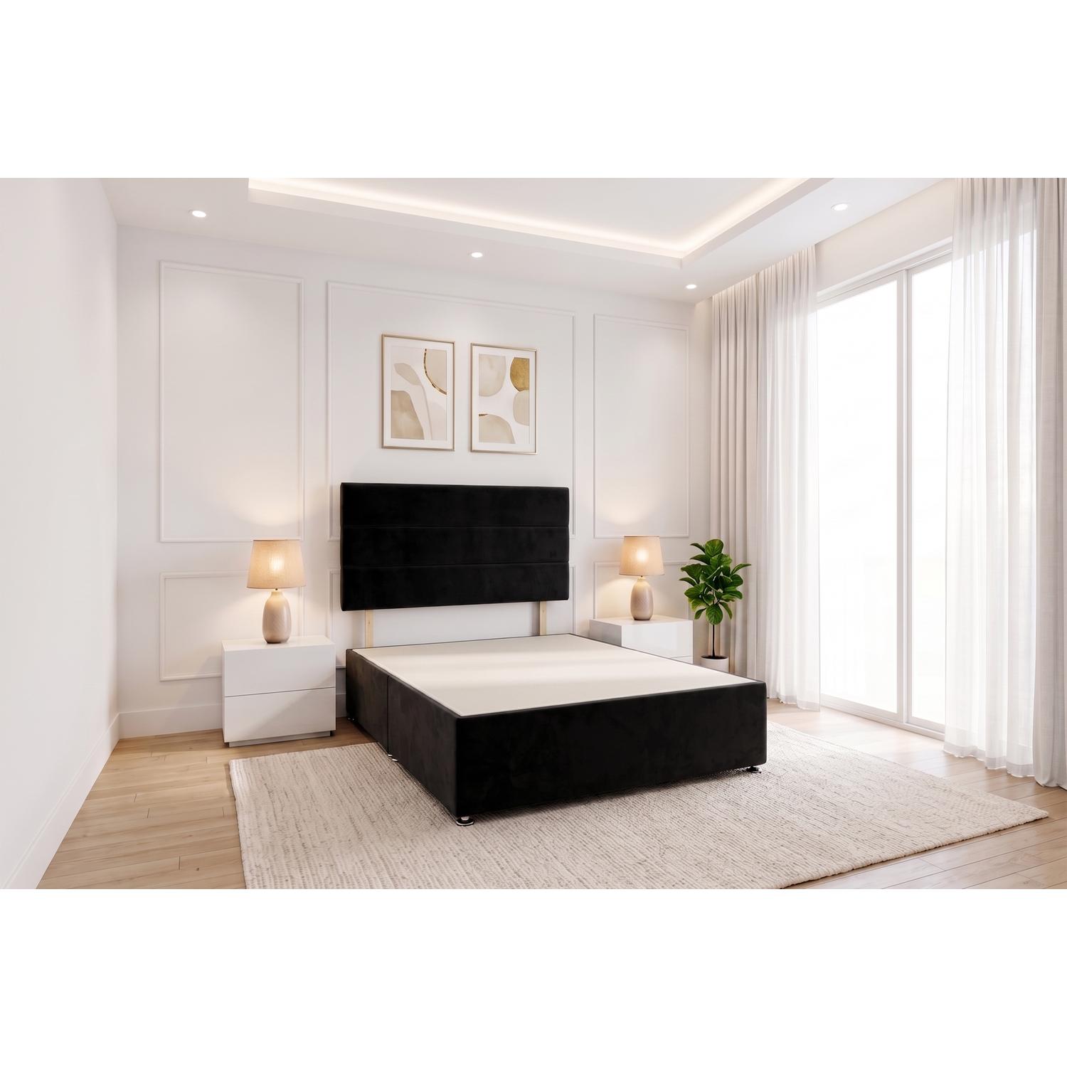 Knight Sleep York Black Plush 4Ft6 Divan Bed Frame No Drawers With Upholstered Headboard - Double - Black / Small Double