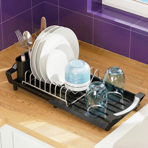 SPARES2GO Compact Expandable Stainless Steel Dish Drainer Extendable Length Sink Drying Rack (Black)