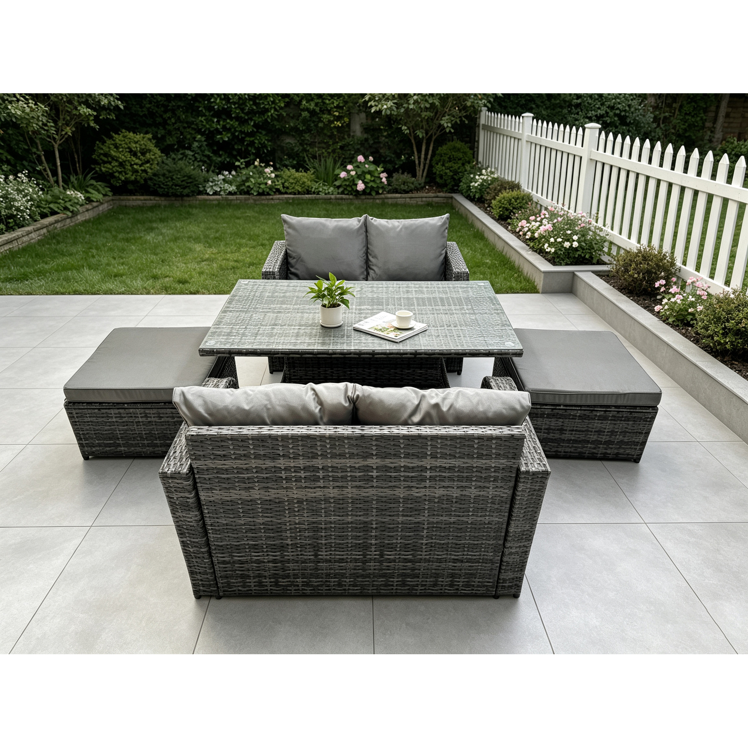 Fimous Outdoor Rattan Furniture Garden Dining Set Height Adjustable Rising Lifting Table Love Sofa Set With 2 Big Footstool - Image 3