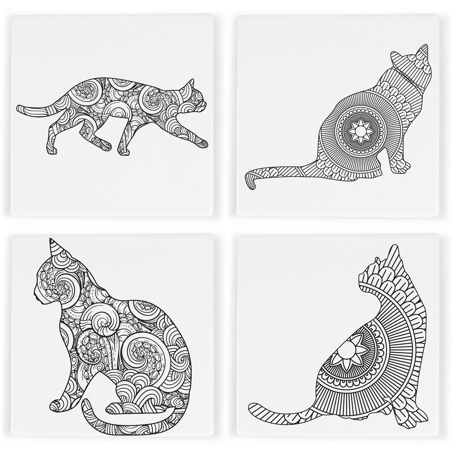 B&Q - Mandala Cat Design Ceramic Coaster SetBlack & White Tableware Gifts For Cat LoversSquare Drinks Coasters 4 Pack - Image 2