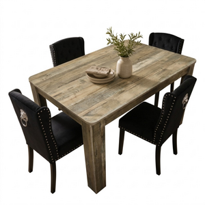 Black Button Back Velvet Dining Chairs with Knocker and Rustic Wood Effect Table 4 Seater Set