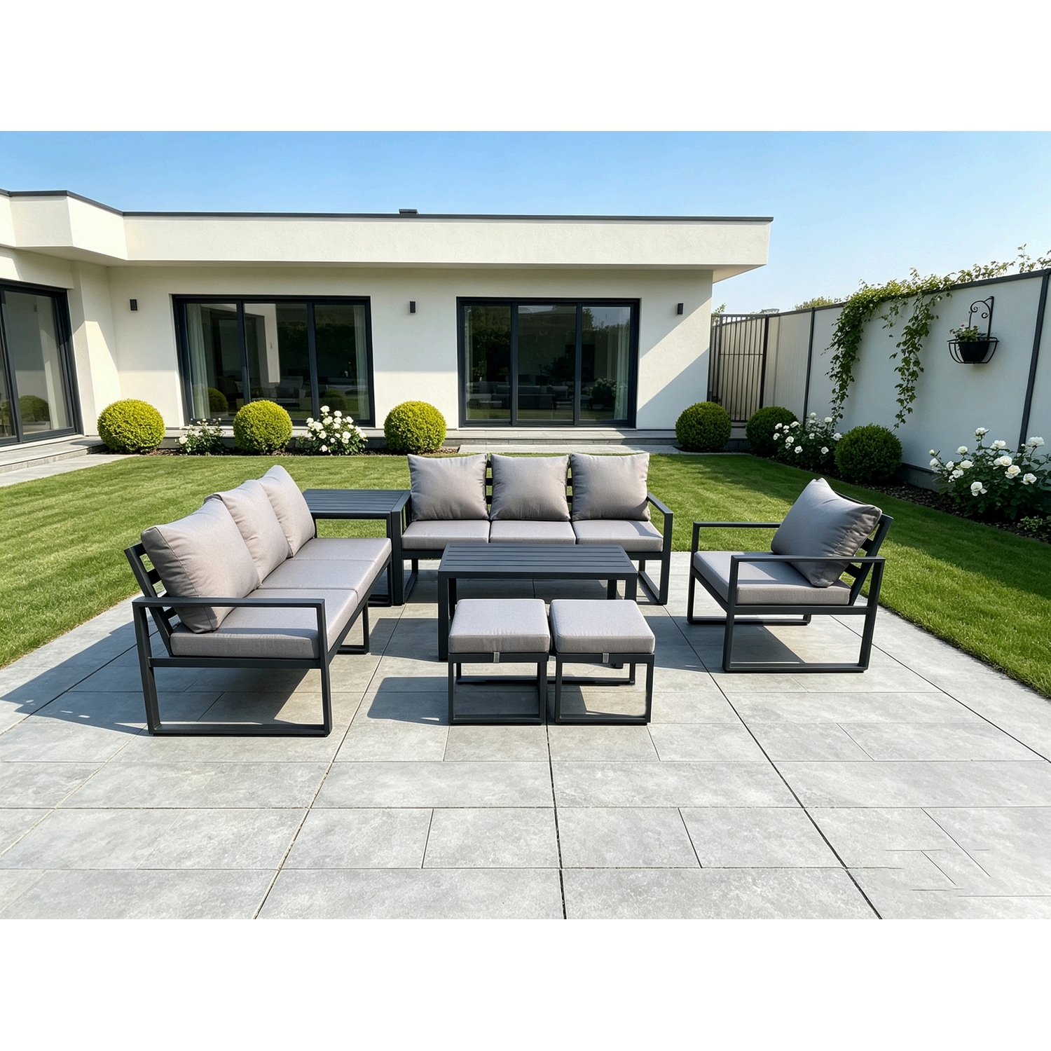 Fimous Aluminium 9 Seater Garden Furniture Outdoor Patio Sofa Set With Rectangular Coffee Table Armchair 2 Small Footstool Dark Grey - Image 3