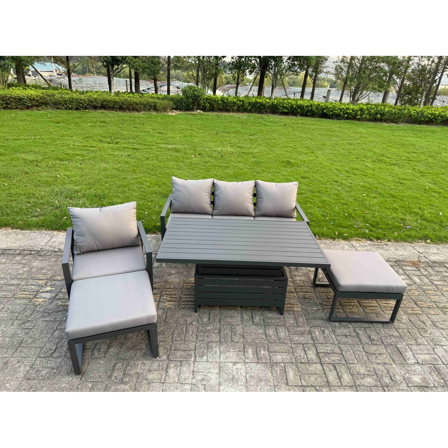 Fimous Dark/Grey 6 Seater Aluminium Garden Furniture Set With Adjustable Rising Dining Table, 3 Seater Sofa, 1 Chair & 2 Footstools - Image 2