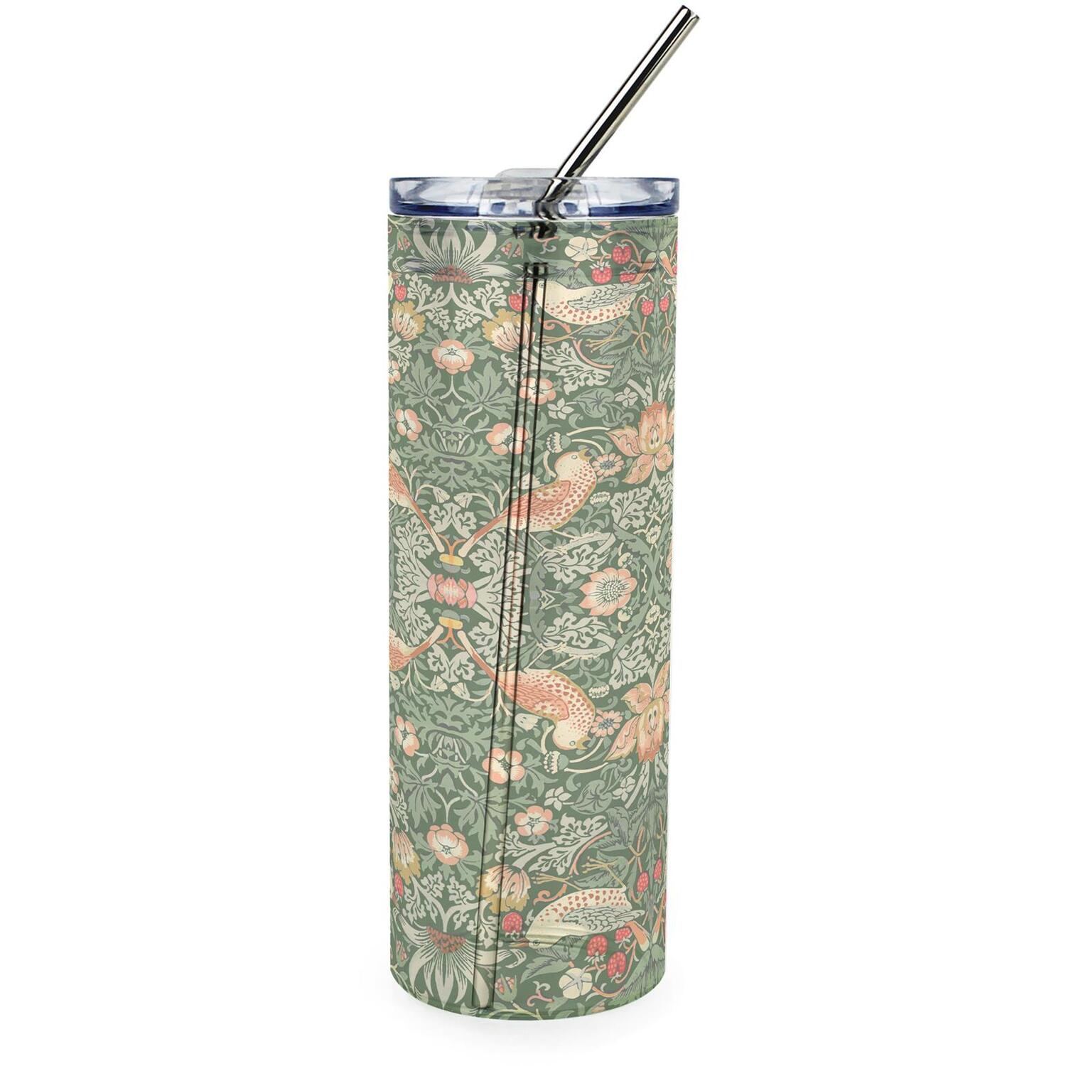 B&Q -  Green Strawberry Thief Glass Travel FlaskWilliam Morris Artwork GiftsDrinks Cup With Metal Straw - Image 3