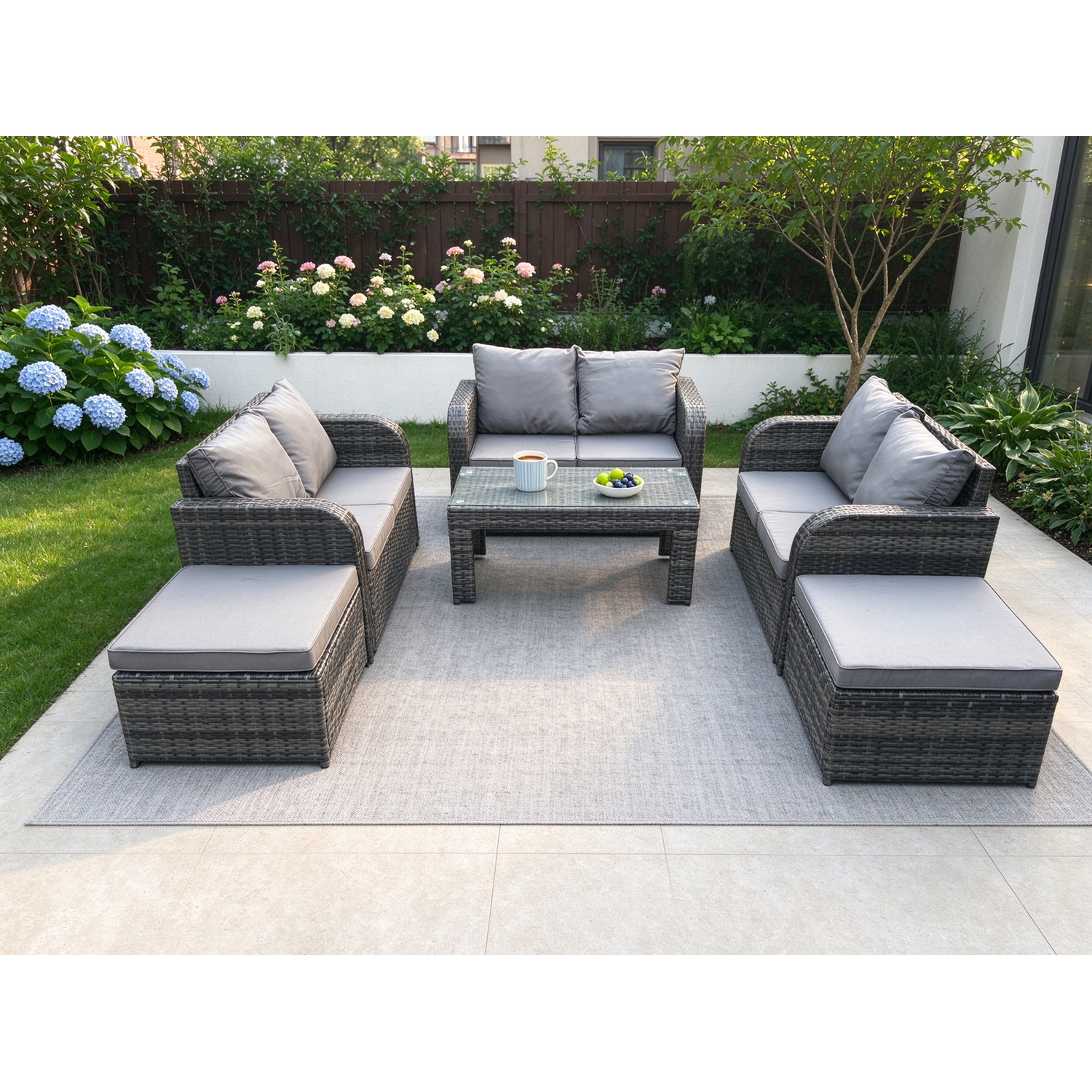 Fimous Rattan Wicker Garden Furniture Patio Conservatory Sofa Set With Rectangular Coffee Table Reclining Chair Love Sofa 2 Big Footstool - Image 2